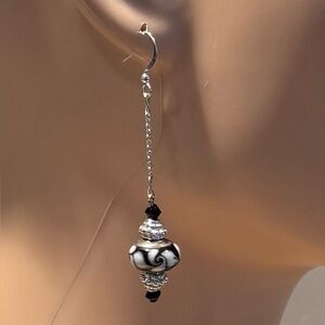 Classic Black & White Swirl Lampwork Dangle Earrings - Murano Glass Style